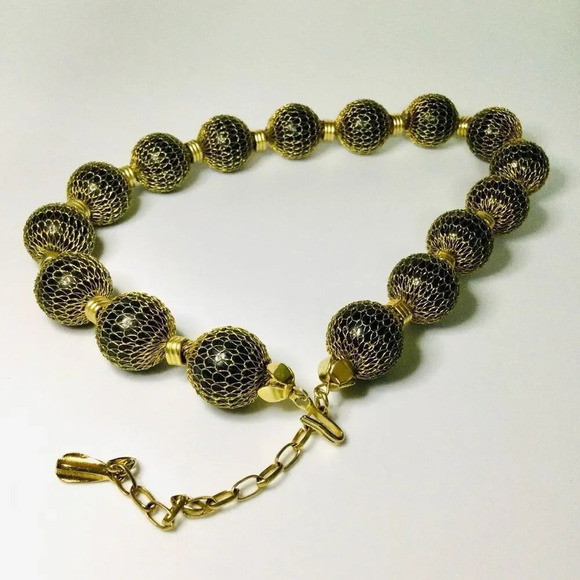 Vintage Womens Black‎ Gold Chunky Beaded Necklace With Extension Fashion Jewelry - Picture 2 of 6